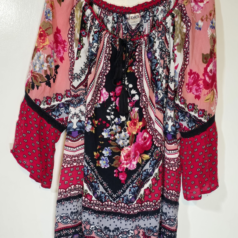 Bila Floral Bohemian Blouse - Red, Pink, Black